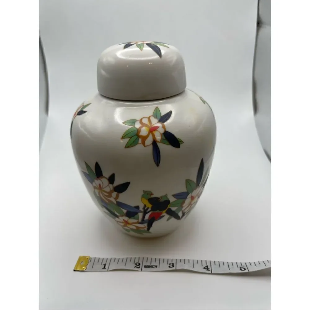 Vintage ginger jar birds flowers very colorful